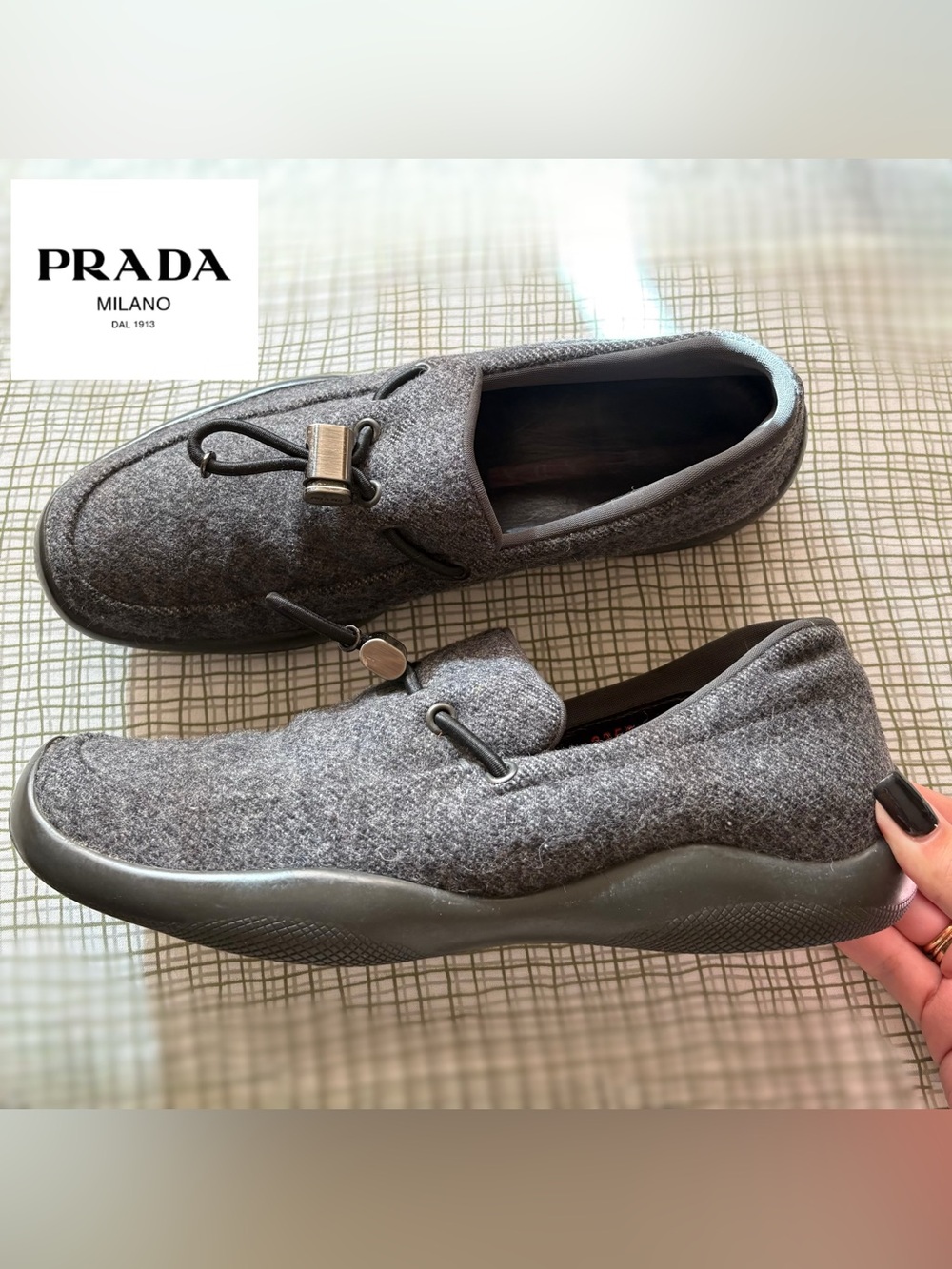 Vintage Prqda Gray Wool Slip-On Loafers with Toggle Fastenings
